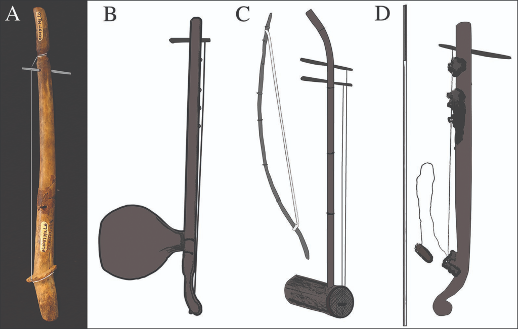 Four traditional string instruments in diagram form.