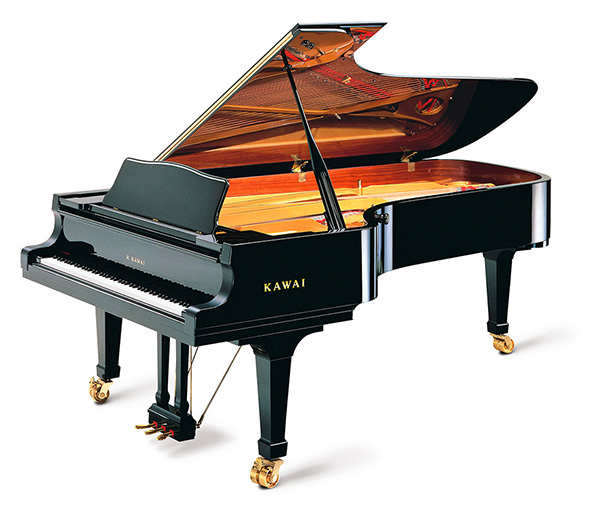 A glossy black grand piano with an open lid.
