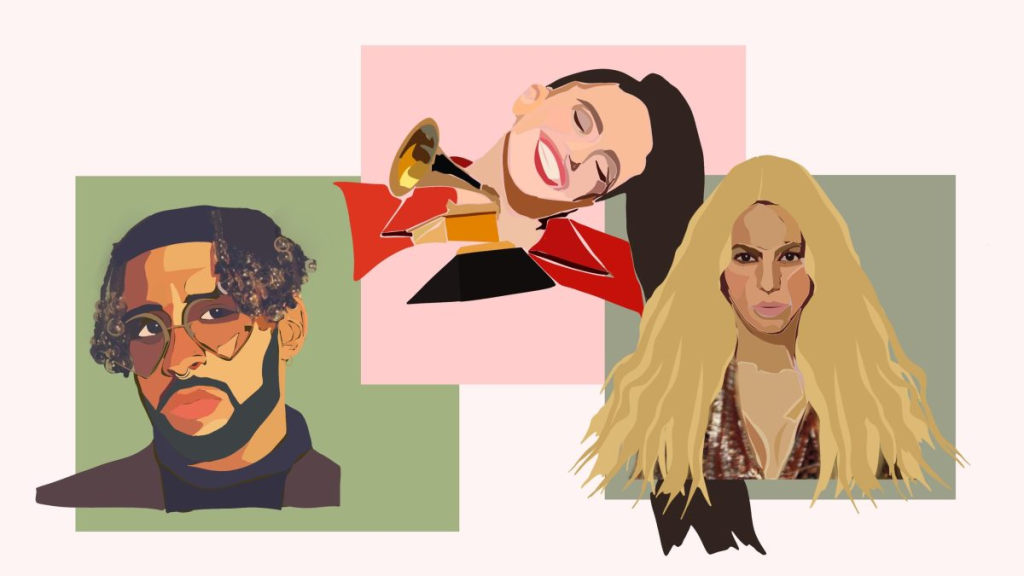 Three illustrated musicians with colorful backgrounds.