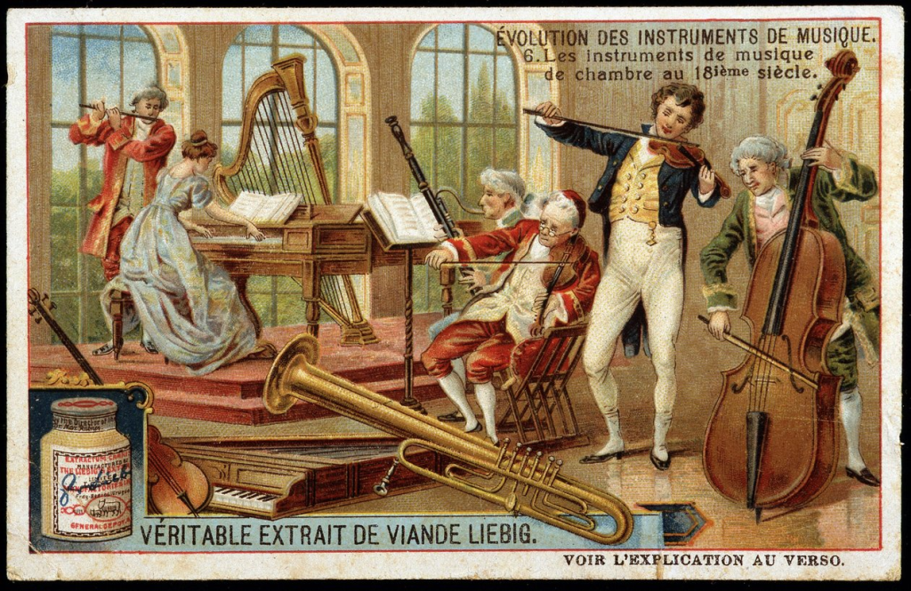 Musicians playing classical instruments in elegant setting.