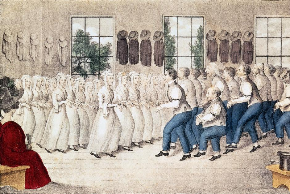 Shaker dance scene with men and women.