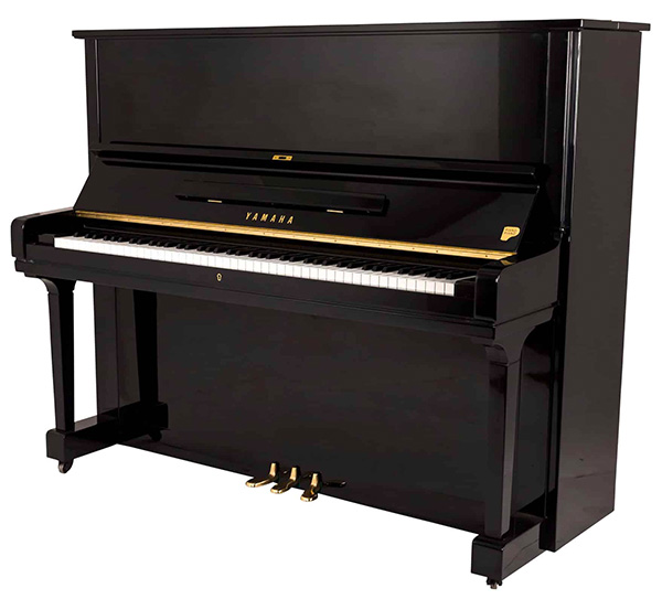 A sleek black upright piano with polished finish and three pedals.